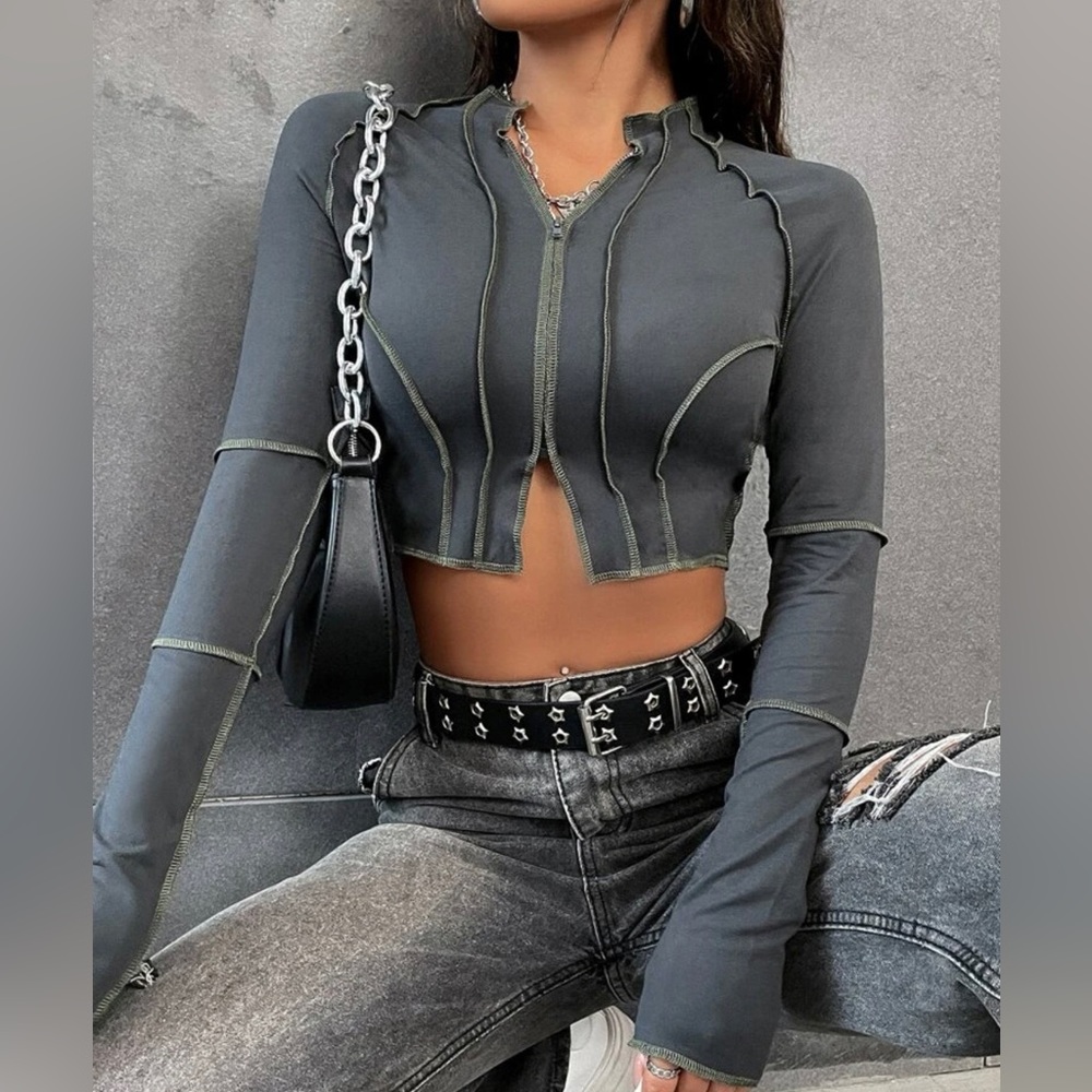 Top Stitching Raglan Zipper Crop Tee